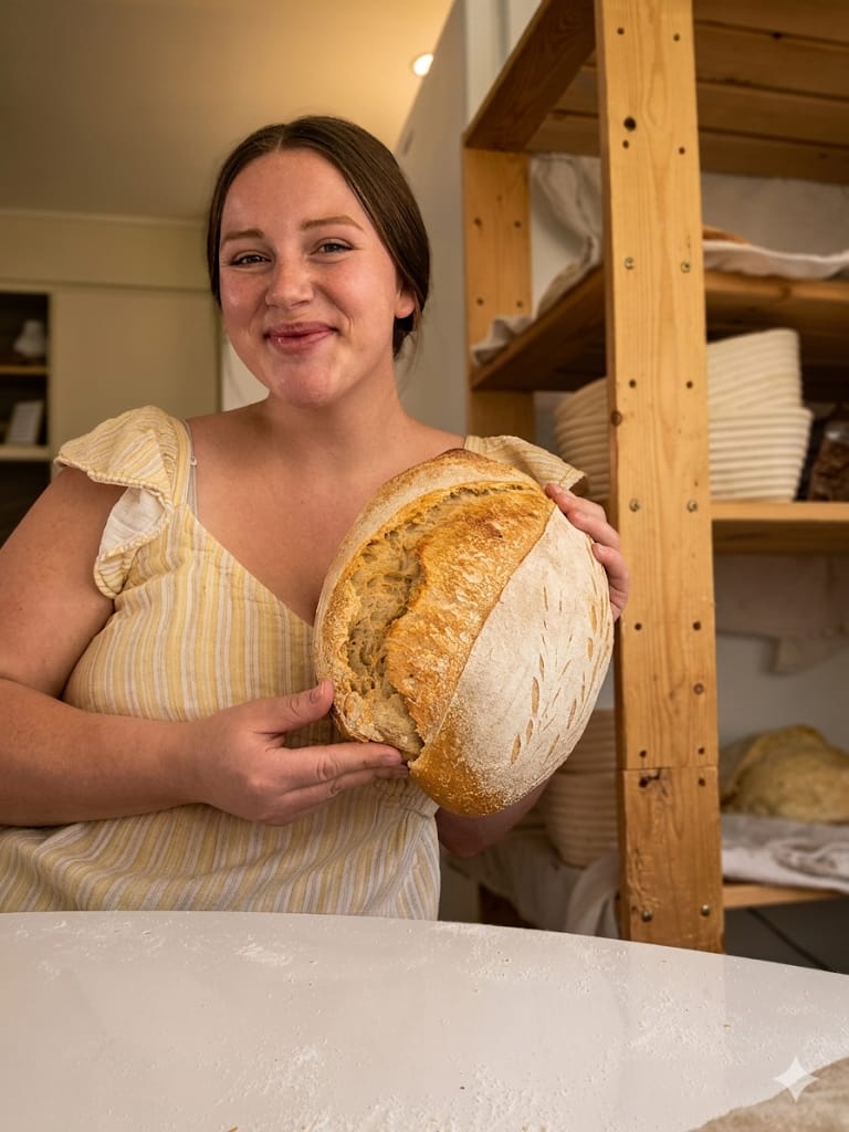 The Bountiful Bites baker holding a fresh sourdough loaf