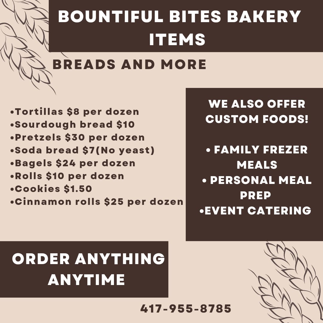Bountiful Bites bakery menu flyer