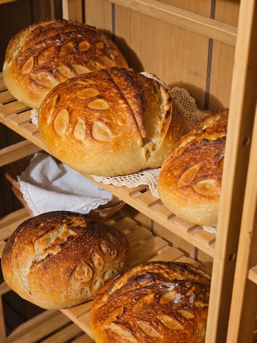 Golden sourdough loaves with leaf-pattern scoring on wooden bakery shelves